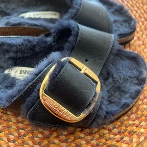 Birkenstock Navy Shearling Sandals with Gold Buckle